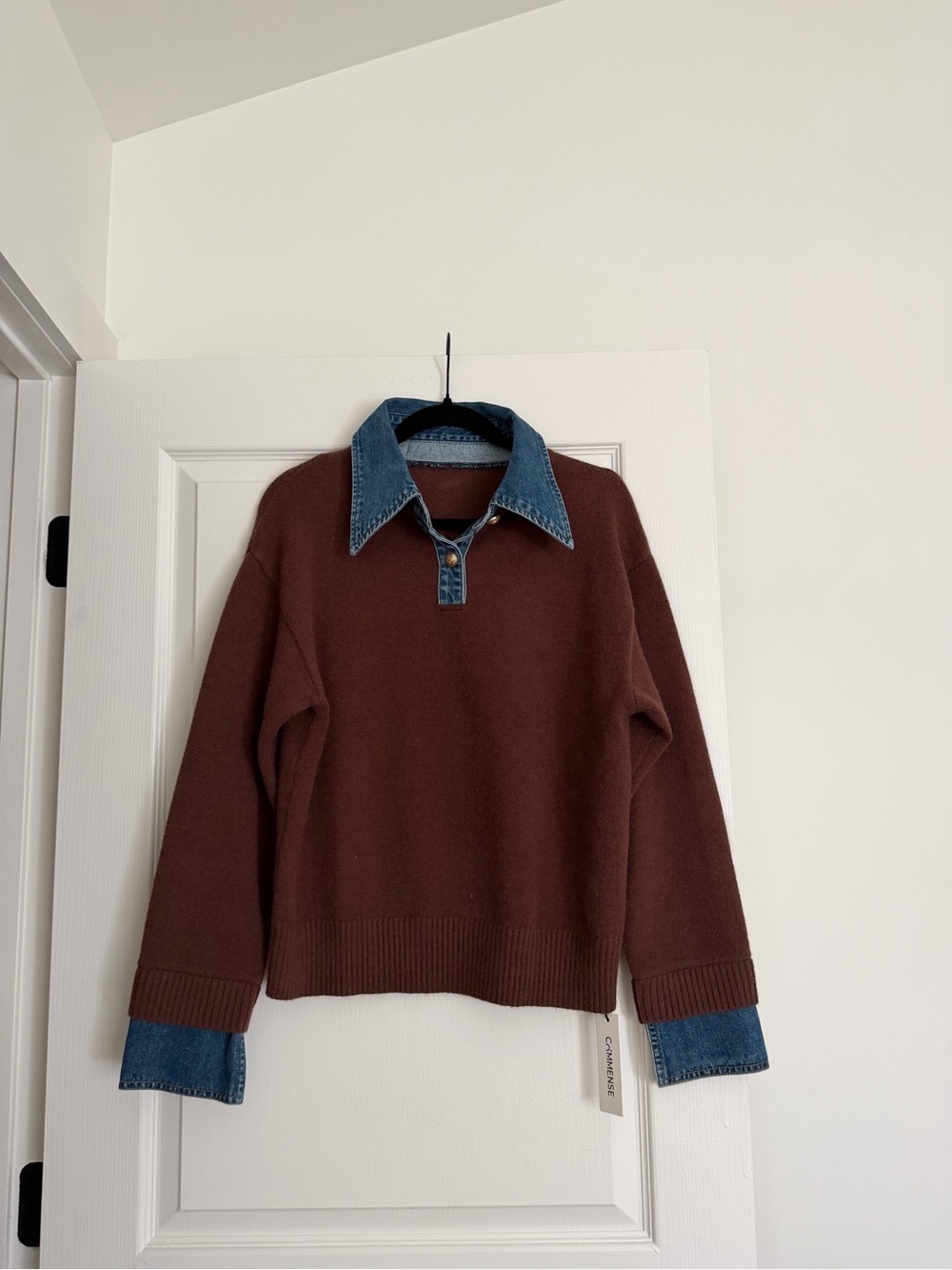 NWT 2-in-1 Panel Lapel Sweater - Brown with Denim Trim - Picture 3 of 7